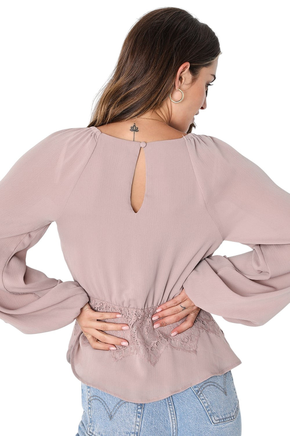 Loving Arms Taupe Lace Long Sleeve Peplum Top