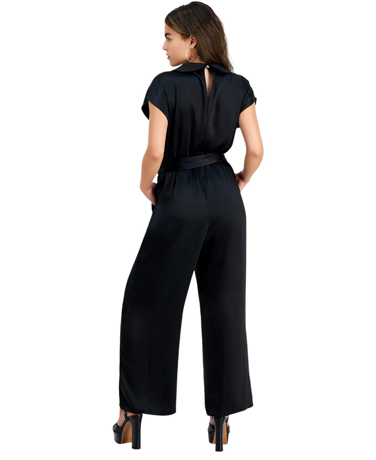 Crossover-Front Belted Cap-Sleeve Jumpsuit Black Satin