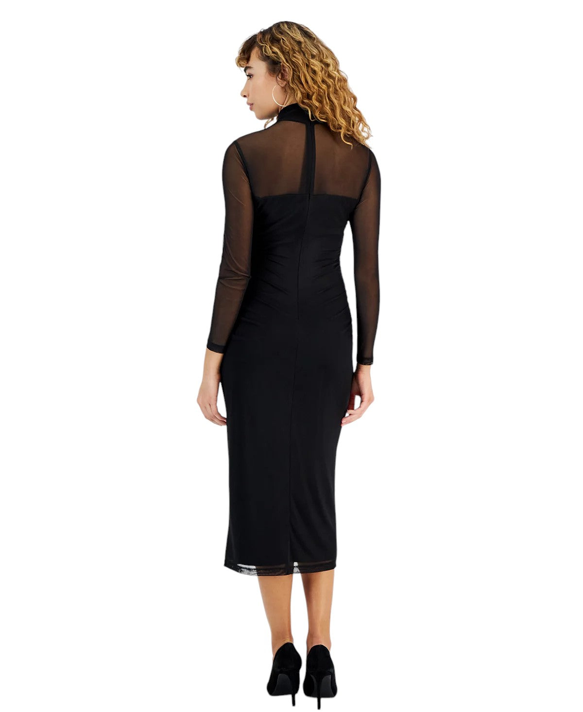 Long-Sleeve Mesh Turtleneck Midi Dress Black