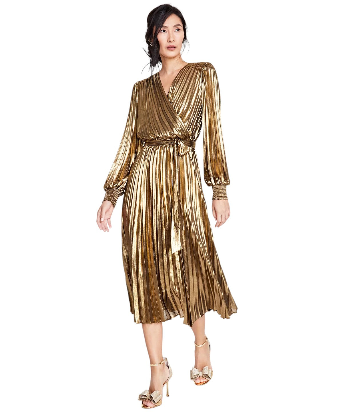 Metallic Pleated Midi Dress Gold