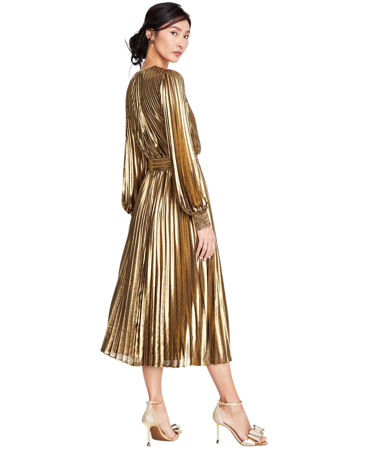 Metallic Pleated Midi Dress Gold