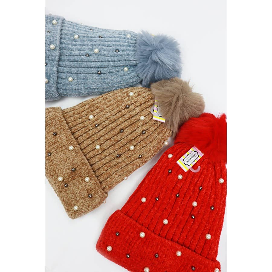 Fur Lined Pom and Pearl Beanies - Haute Poppy