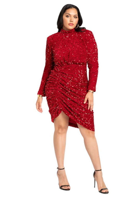 Ruched Sequin Dress Red