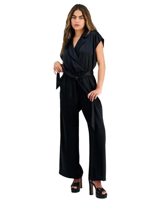 Crossover-Front Belted Cap-Sleeve Jumpsuit Black Satin