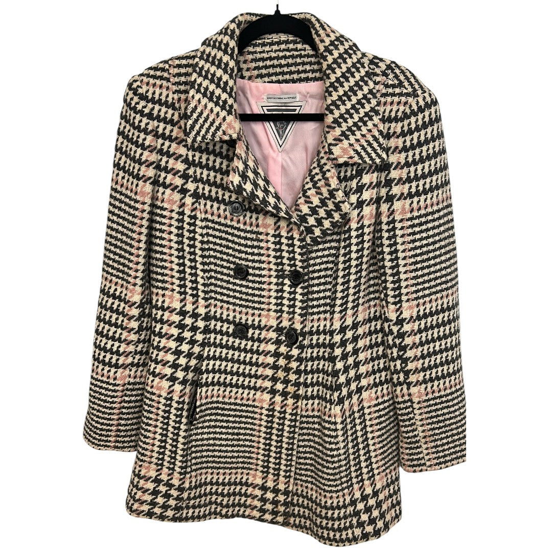 Marvin Richards Houndstooth Plaid Wool Blend Double Breasted Coat