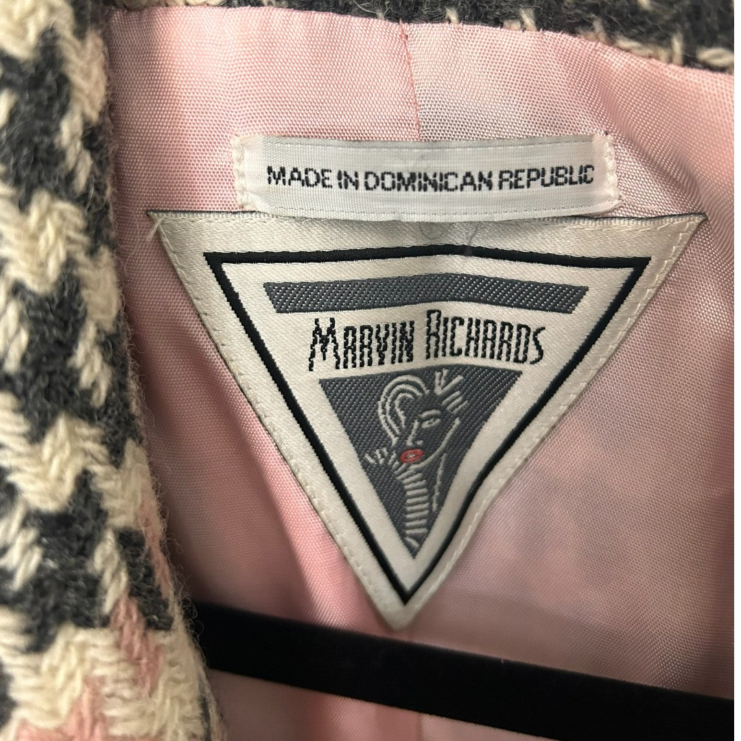 Marvin Richards Houndstooth Plaid Wool Blend Double Breasted Coat