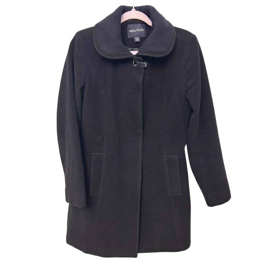 Nautica Black Collared Button Front Wool Blend Coat