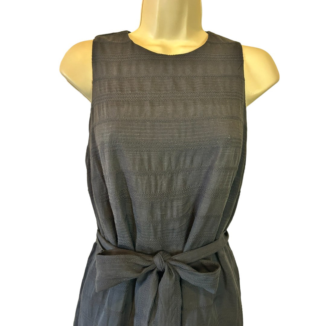 Ann Taylor Stripe Belted Flounce Shift Dress Black