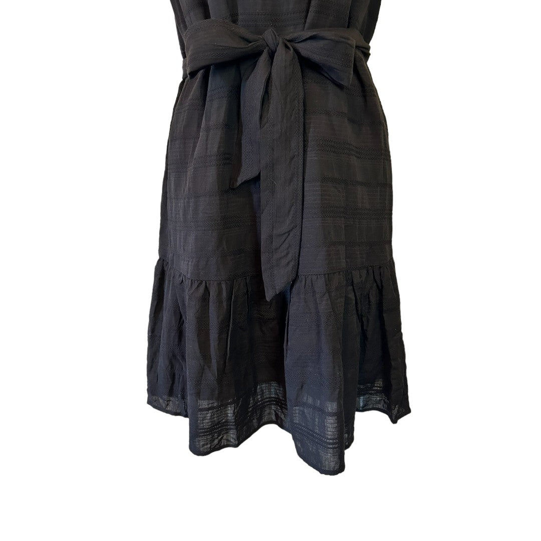 Ann Taylor Stripe Belted Flounce Shift Dress Black