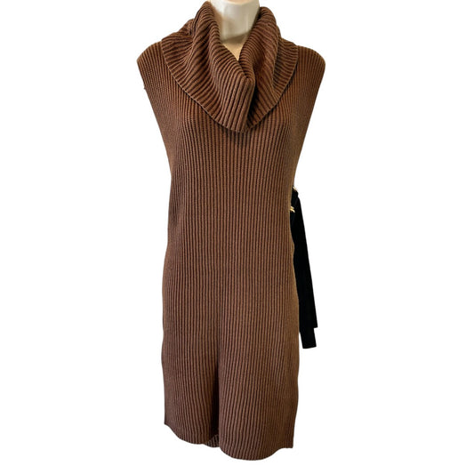 Per Se Brown Ribbed Cowl Neck Sleeveless Tunic Sweater with Side Buckles