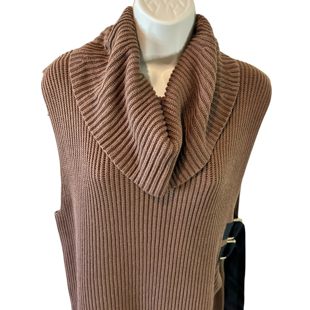 Per Se Brown Ribbed Cowl Neck Sleeveless Tunic Sweater with Side Buckles