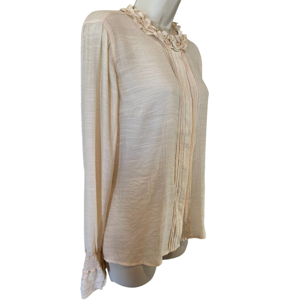 Spanner Tapestry Light Beige Ruffled Collar Blouse Elegant Long Sleeve