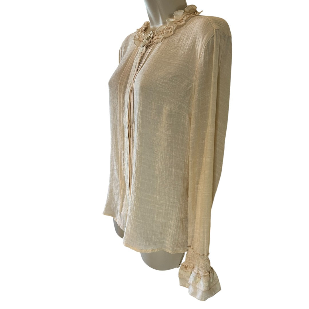 Spanner Tapestry Light Beige Ruffled Collar Blouse Elegant Long Sleeve