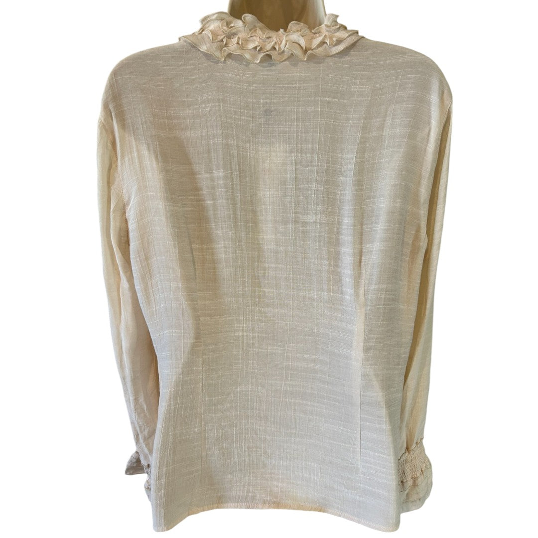 Spanner Tapestry Light Beige Ruffled Collar Blouse Elegant Long Sleeve