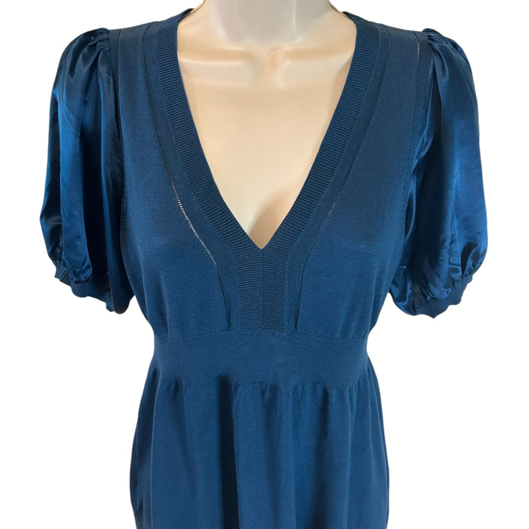 BCBGMAXAZRIA Elegant Blue Puff Sleeve V-Neck Silk Blend Top