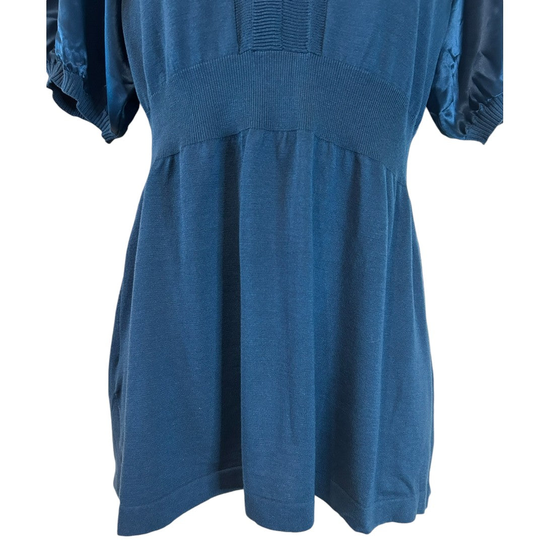 BCBGMAXAZRIA Elegant Blue Puff Sleeve V-Neck Silk Blend Top