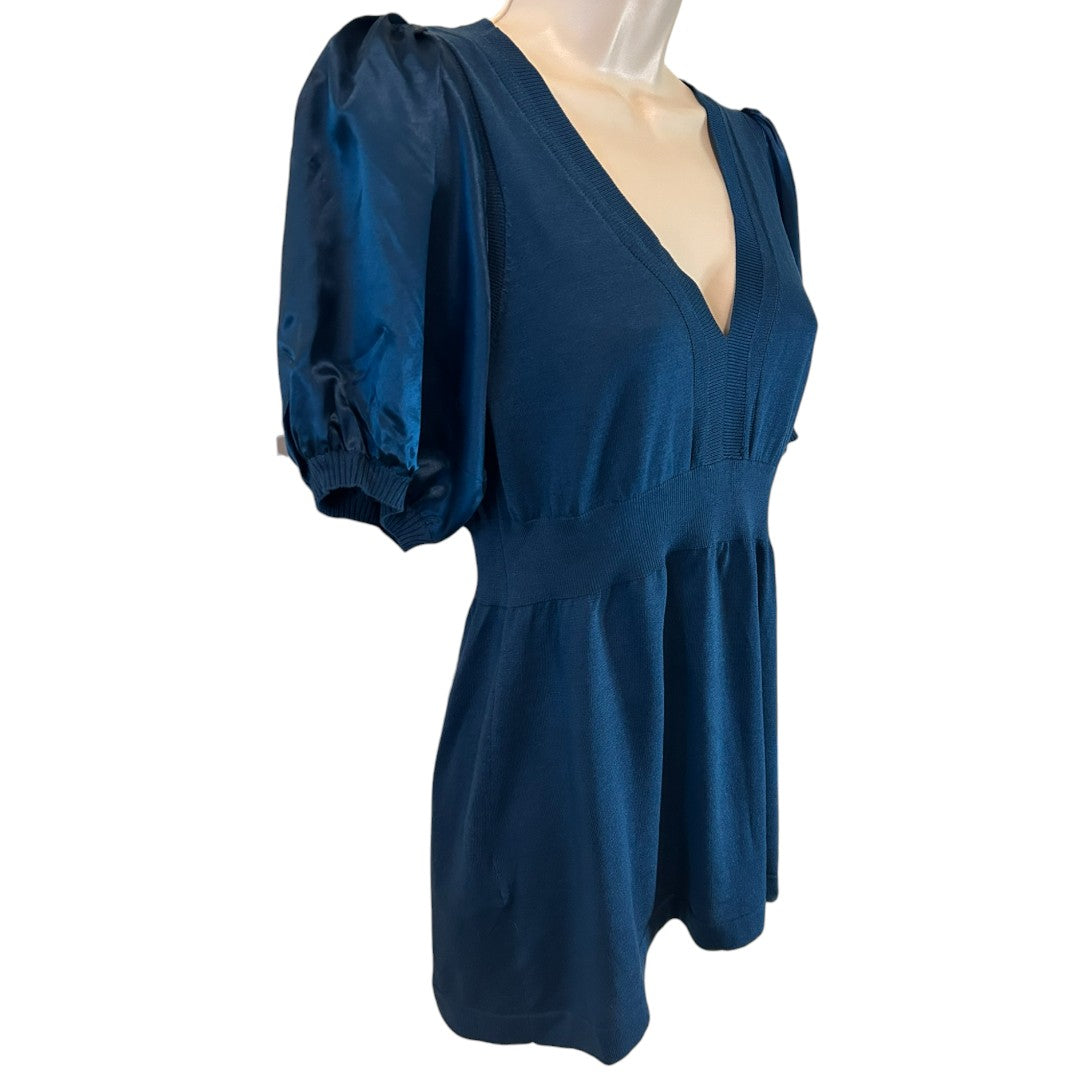 BCBGMAXAZRIA Elegant Blue Puff Sleeve V-Neck Silk Blend Top