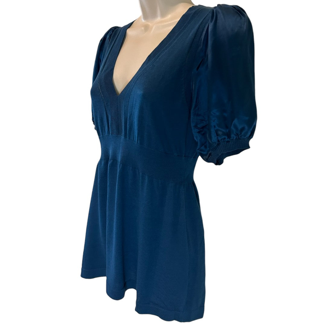 BCBGMAXAZRIA Elegant Blue Puff Sleeve V-Neck Silk Blend Top