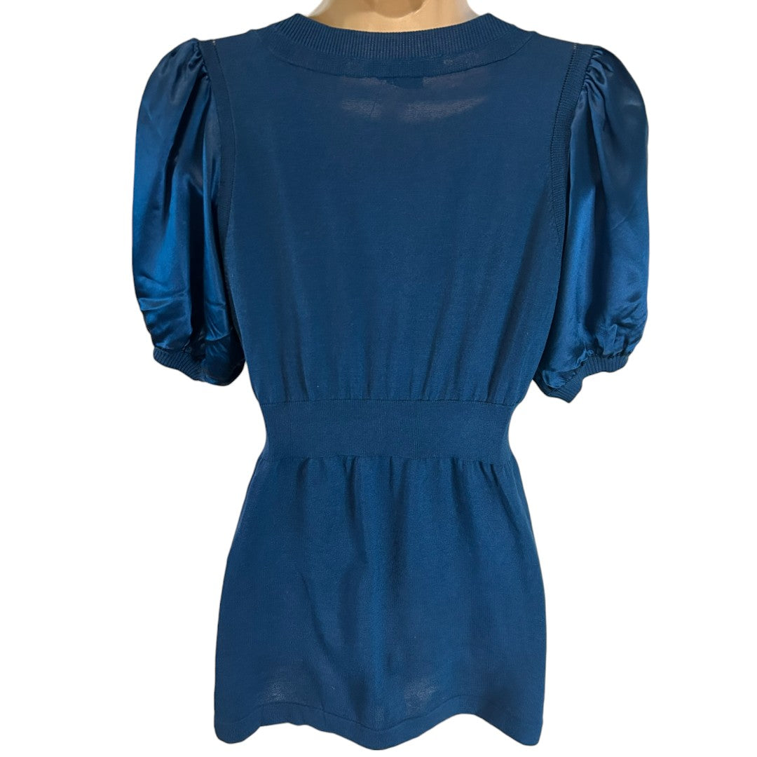 BCBGMAXAZRIA Elegant Blue Puff Sleeve V-Neck Silk Blend Top