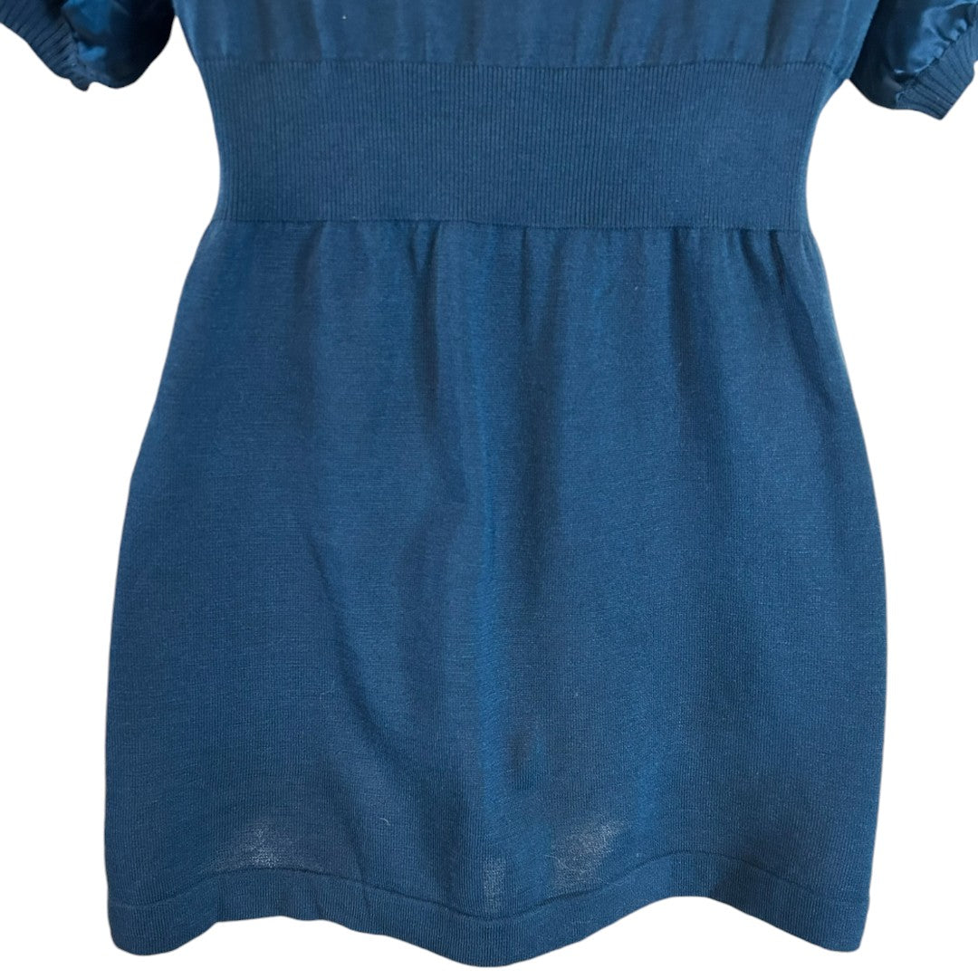 BCBGMAXAZRIA Elegant Blue Puff Sleeve V-Neck Silk Blend Top