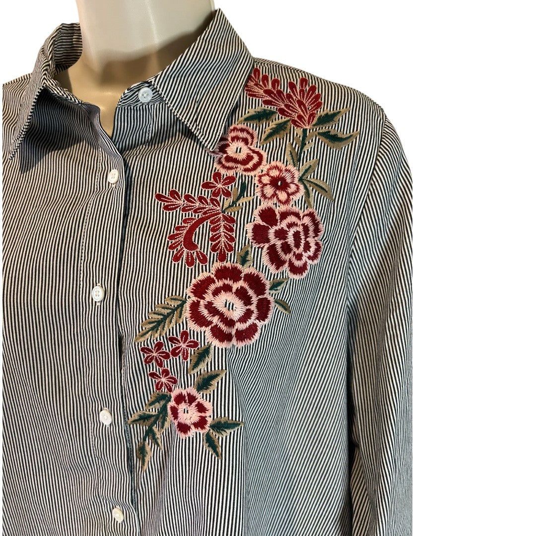 Walter Baker Myron Tunic Pinstripe Shirt with Floral Embroidery