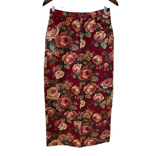 Touch O' Blue Vintage Floral Midi Skirt Red Rose Print Cotton Blend