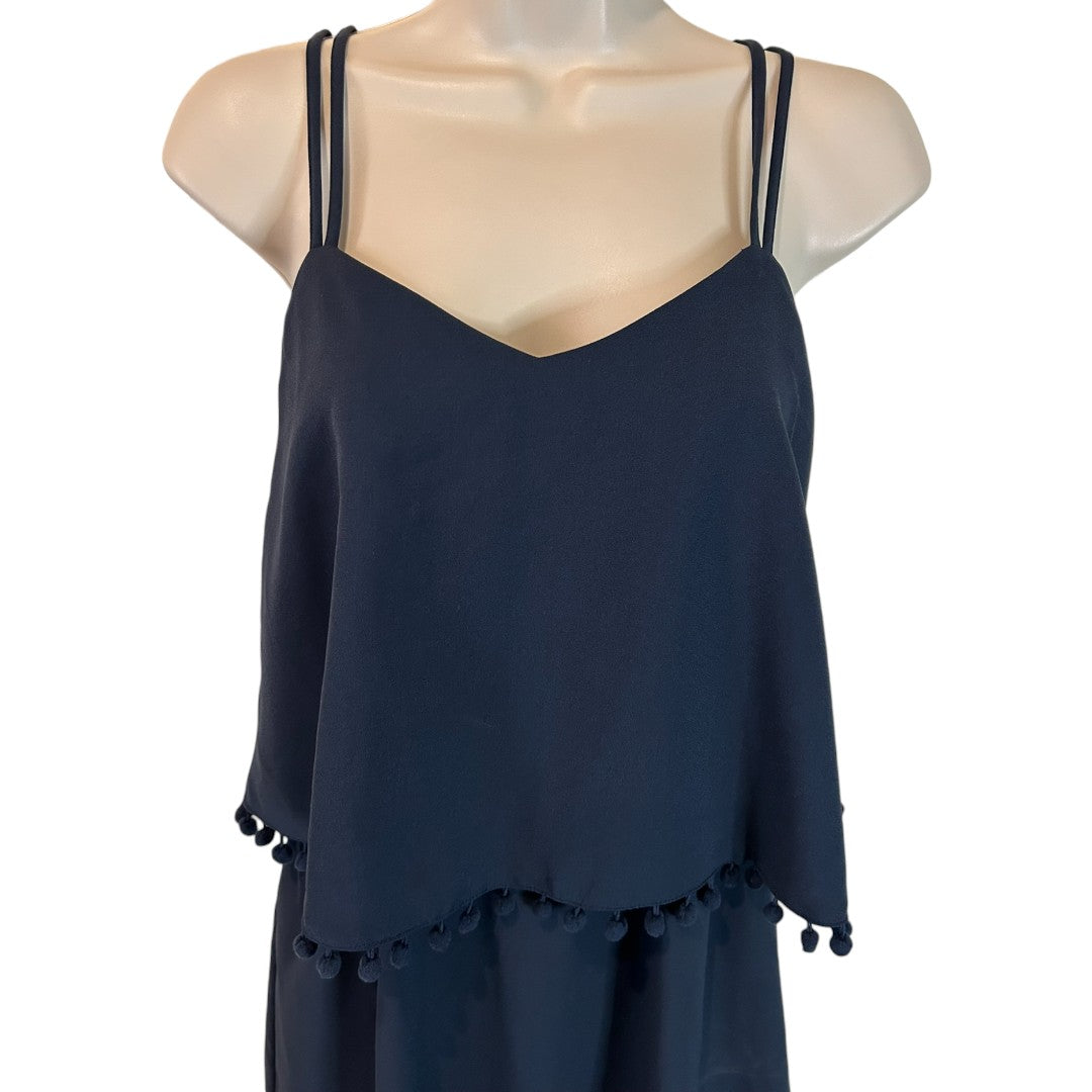 Joy Navy Blue Layered Spaghetti Strap Dress with Pom Pom Trim