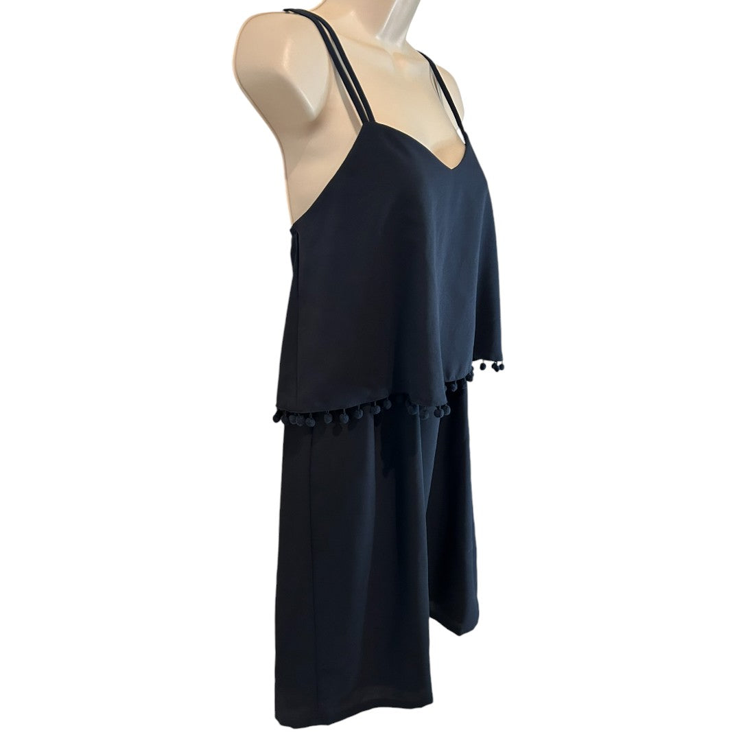 Joy Navy Blue Layered Spaghetti Strap Dress with Pom Pom Trim