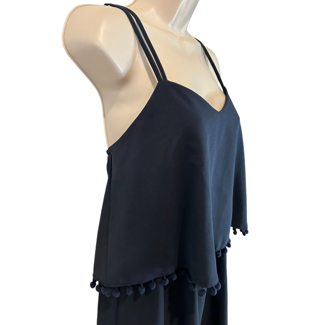 Joy Navy Blue Layered Spaghetti Strap Dress with Pom Pom Trim