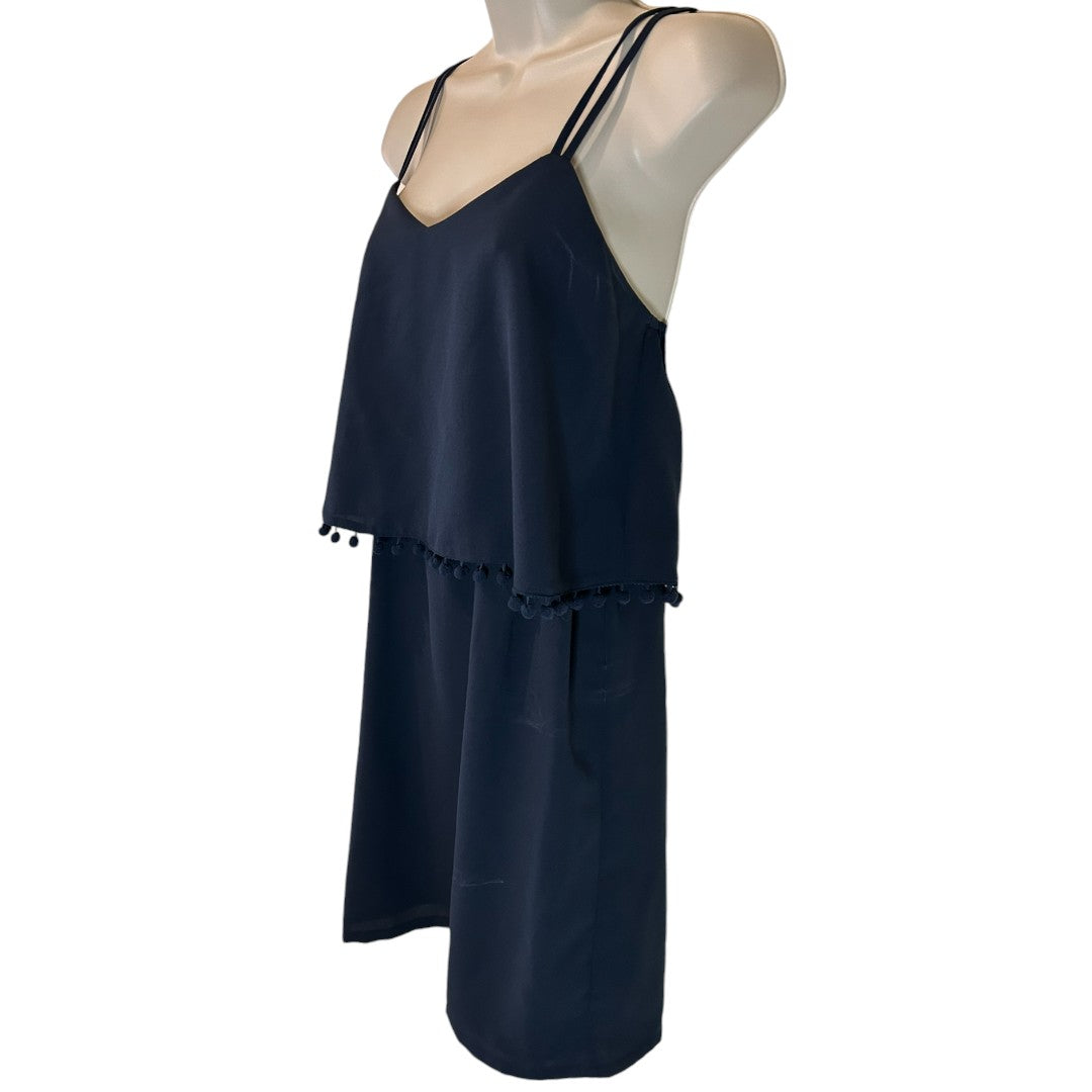 Joy Navy Blue Layered Spaghetti Strap Dress with Pom Pom Trim