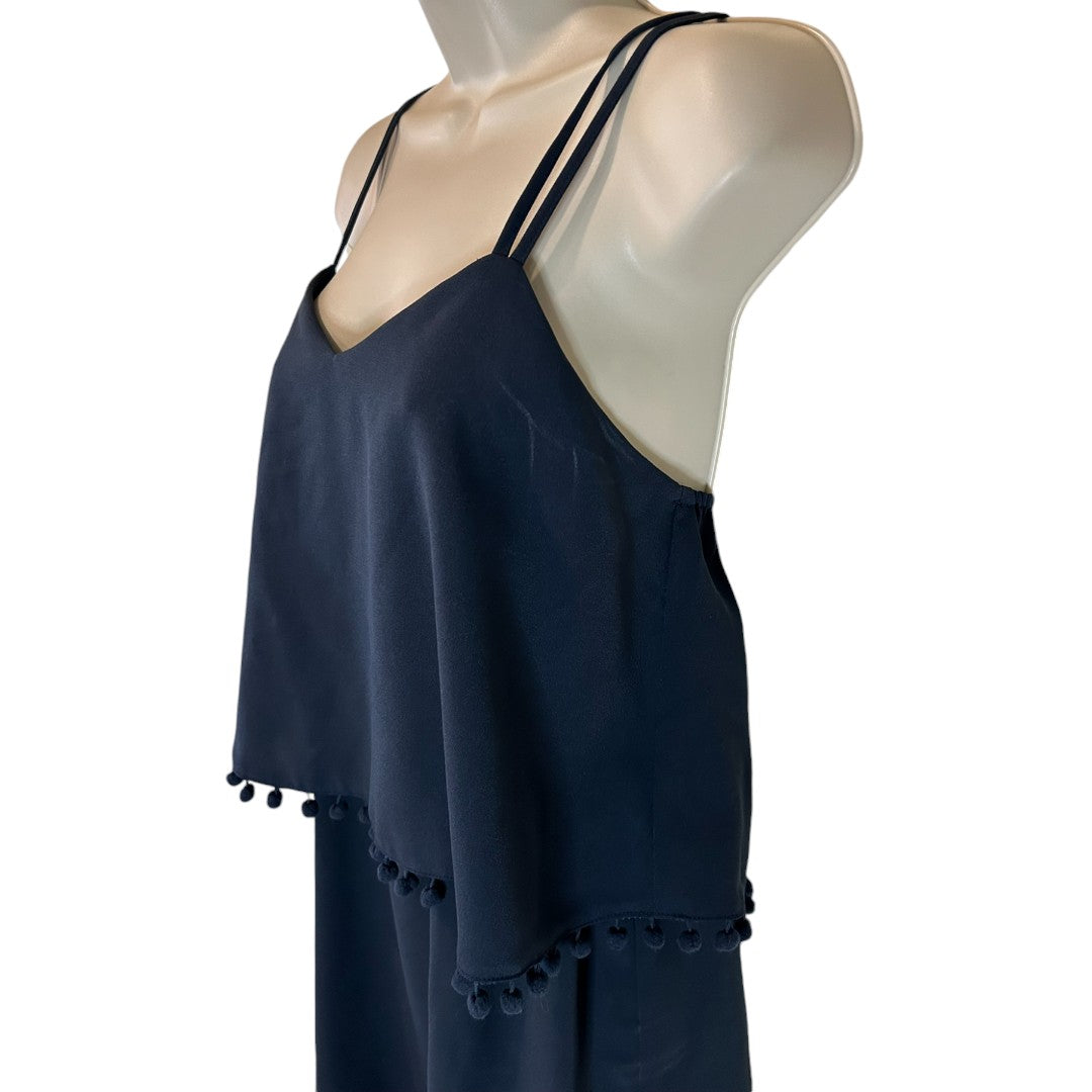 Joy Navy Blue Layered Spaghetti Strap Dress with Pom Pom Trim