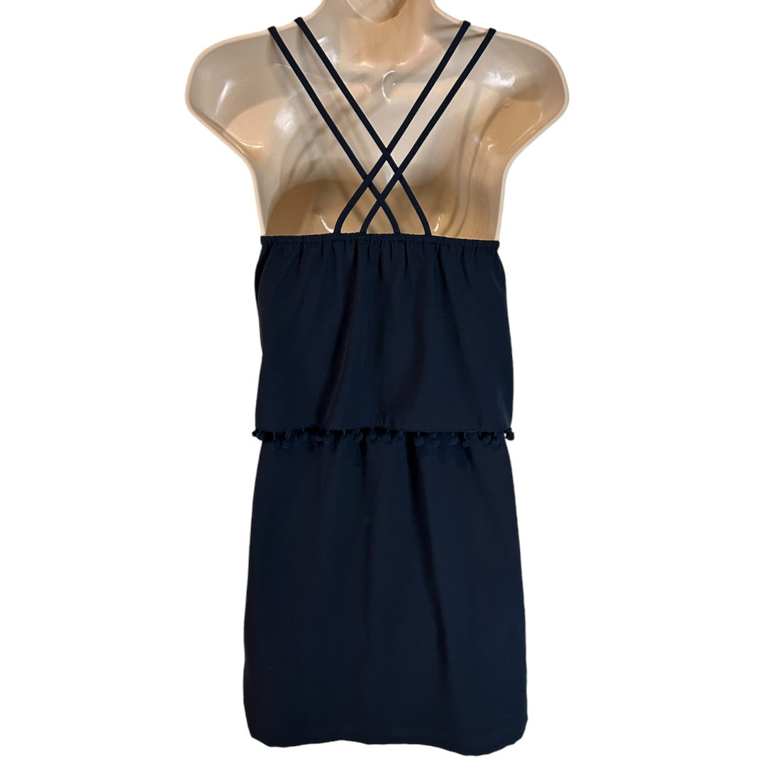 Joy Navy Blue Layered Spaghetti Strap Dress with Pom Pom Trim