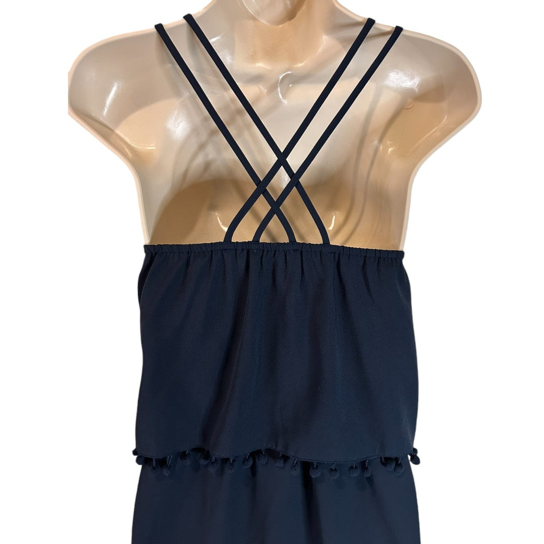 Joy Navy Blue Layered Spaghetti Strap Dress with Pom Pom Trim