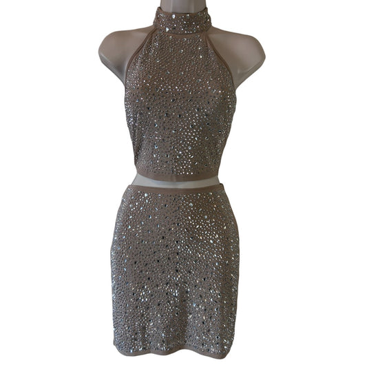 Windsor Crystal Embellished Two-Piece Halter Dress Party Cocktail Formal