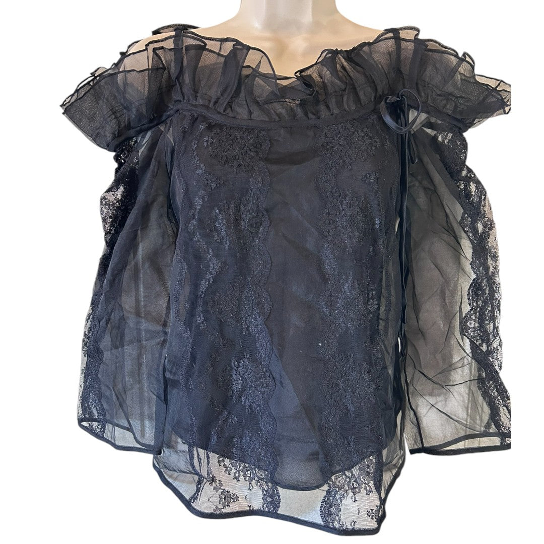 Marc Bouvier Sheer Black Lace Off-Shoulder Ruffle Blouse Romantic Evening Top