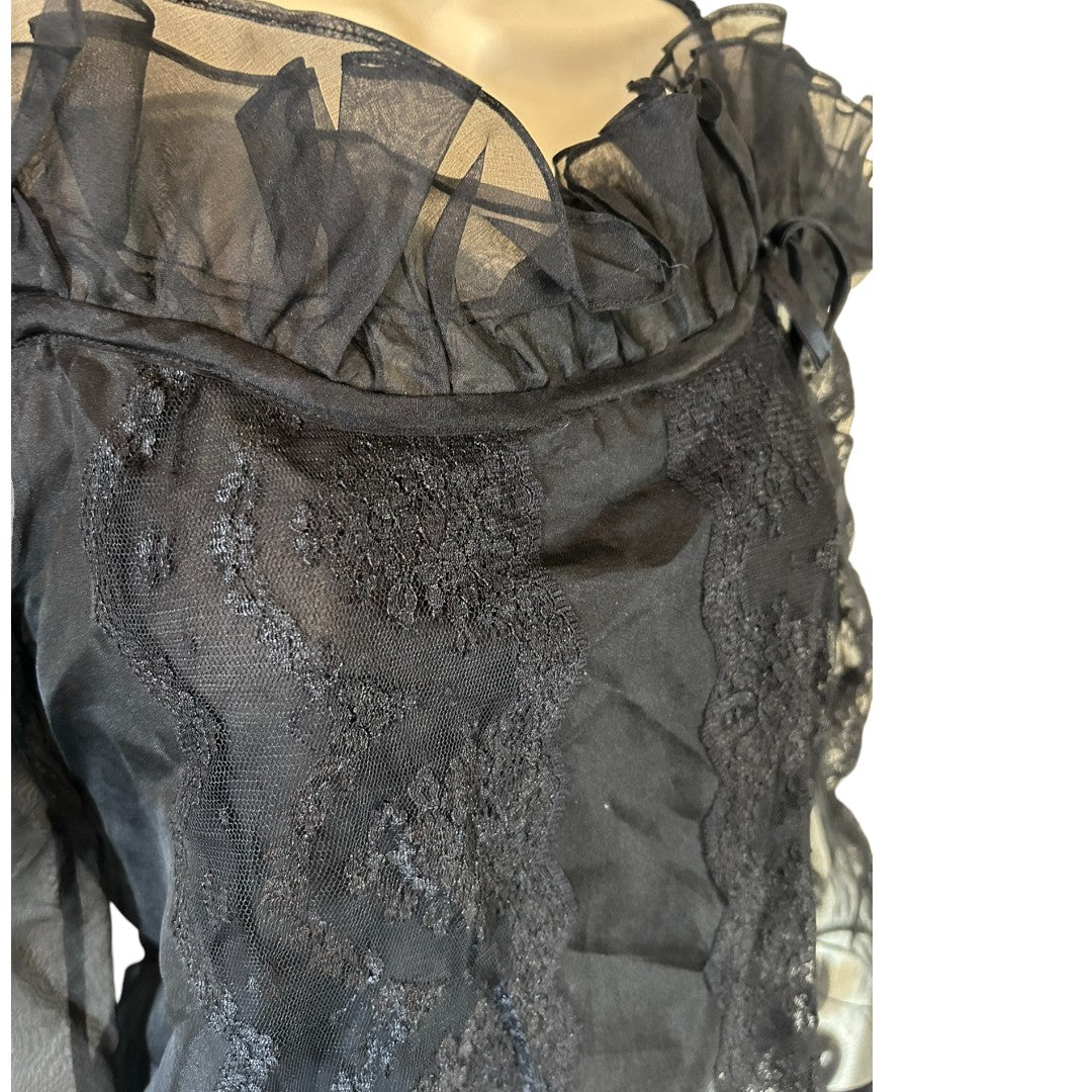 Marc Bouvier Sheer Black Lace Off-Shoulder Ruffle Blouse Romantic Evening Top