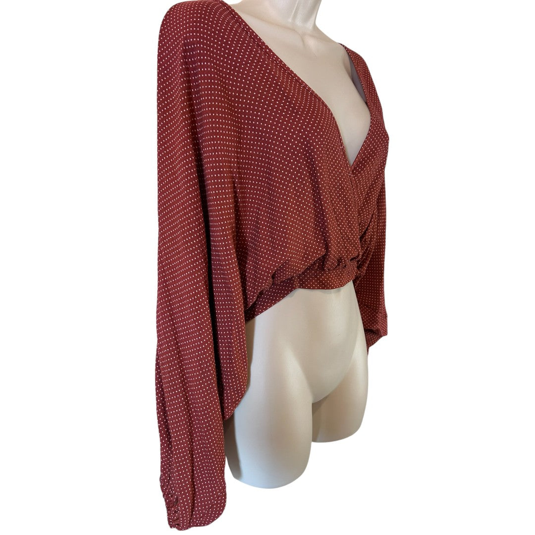 Audrey3+1 Rust Polka Dot Wrap Crop Top Long Sleeve Blouse