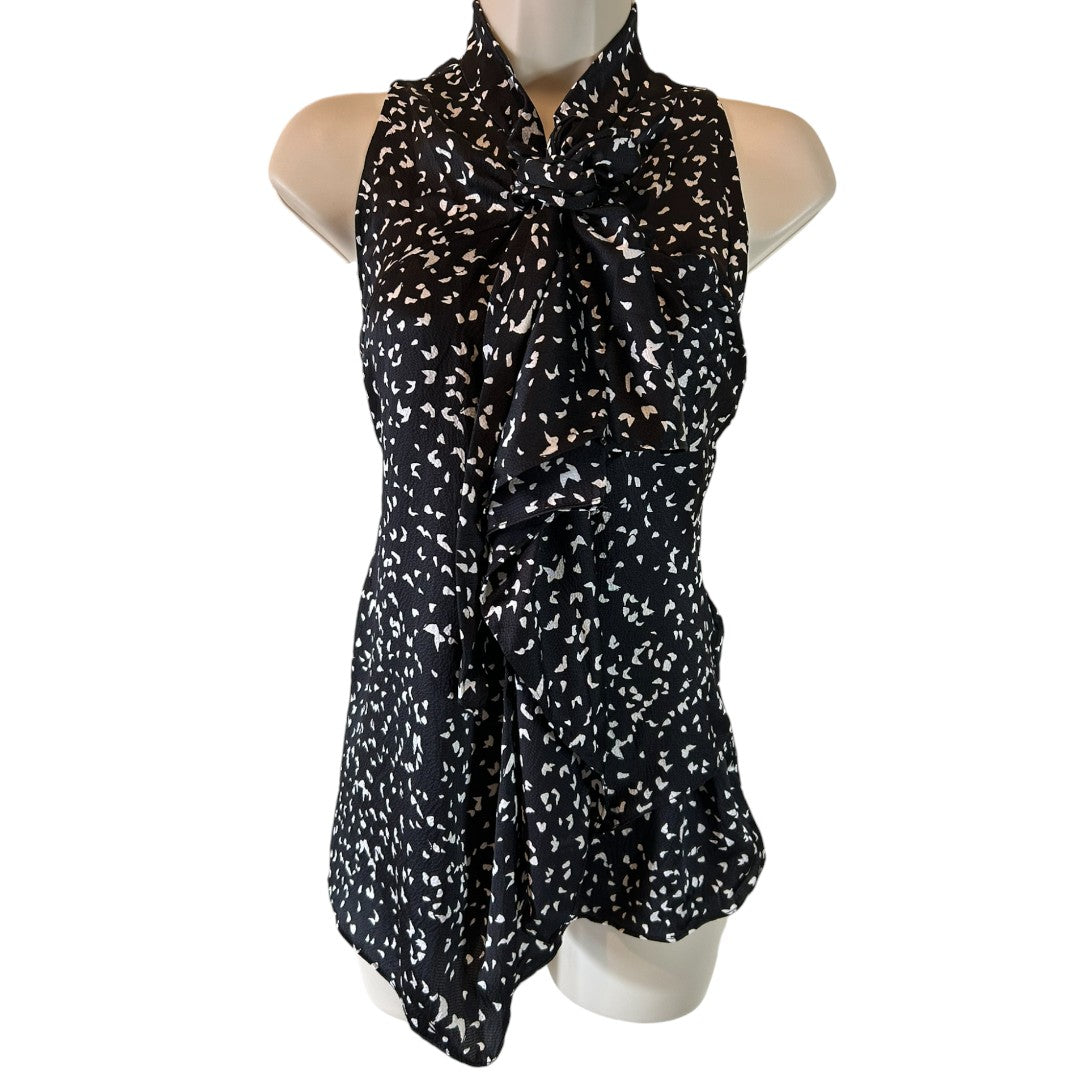 Diane von Furstenberg Black & White Abstract Print Sleeveless Bow Neck Top