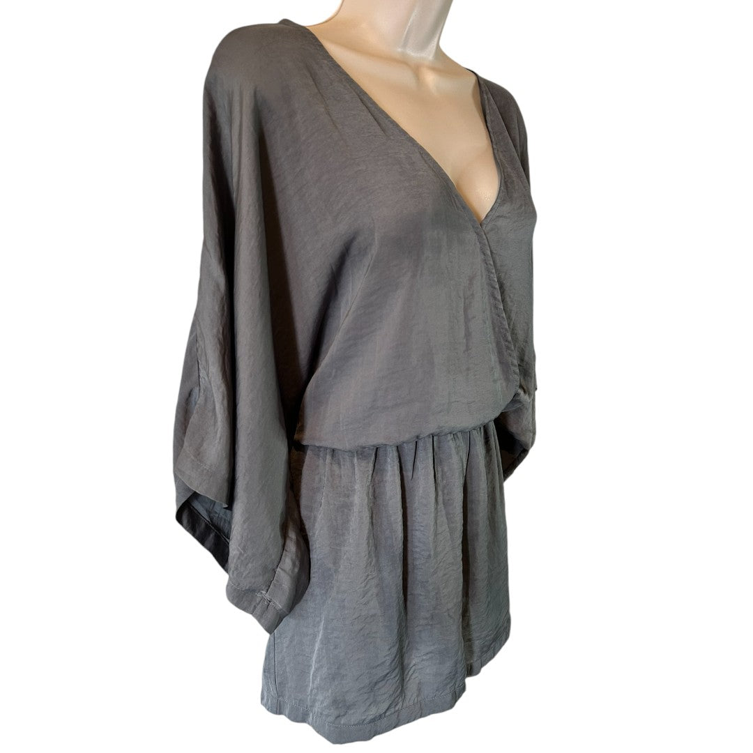 Lulus Gray Kimono Sleeve Faux Wrap Romper Boho Chic Casual Party