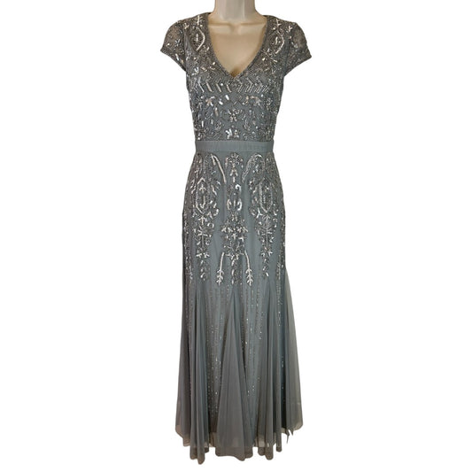 Adrianna Papell Gray Beaded Evening Gown V-Neck Cap Sleeve Formal Dress