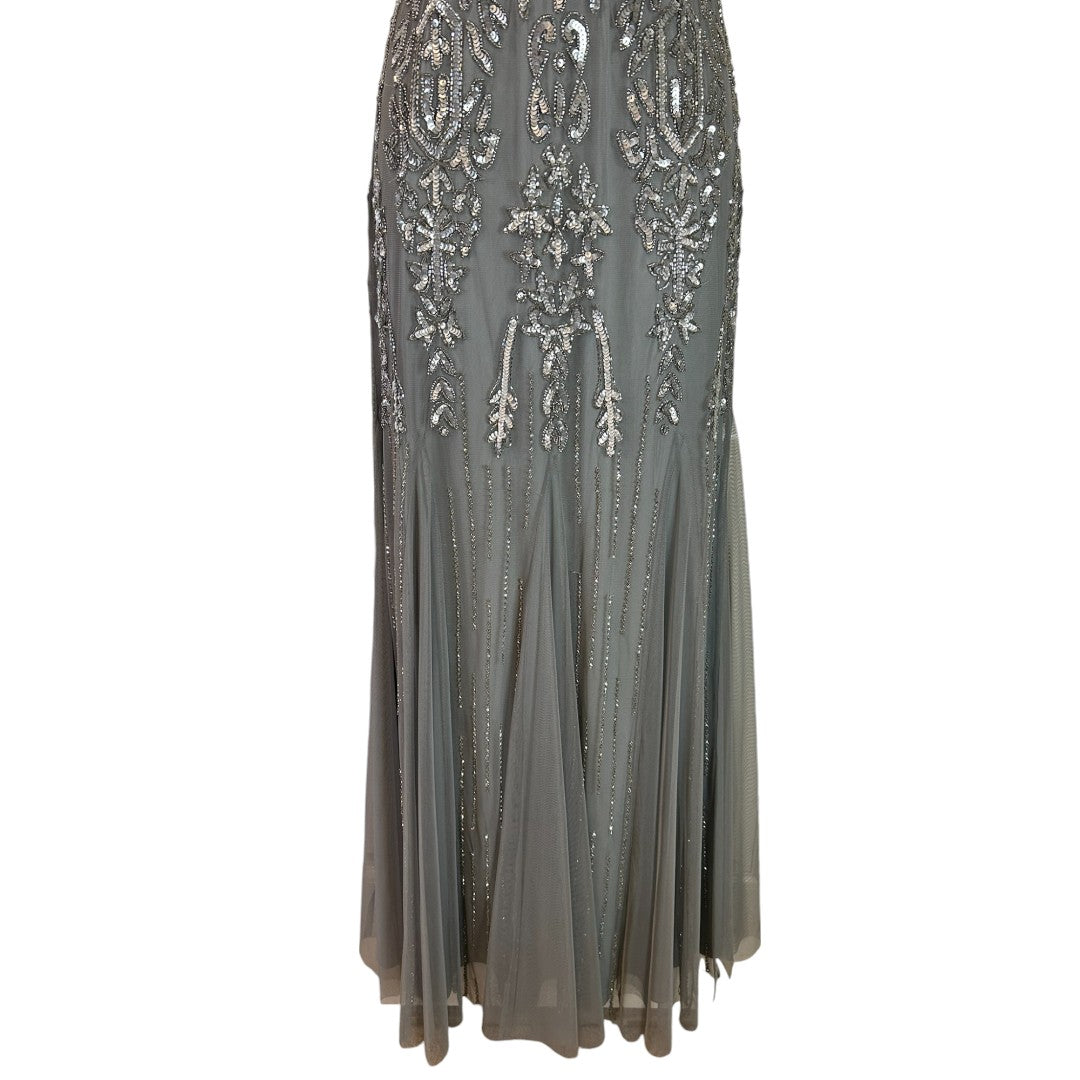 Adrianna Papell Gray Beaded Evening Gown V-Neck Cap Sleeve Formal Dress