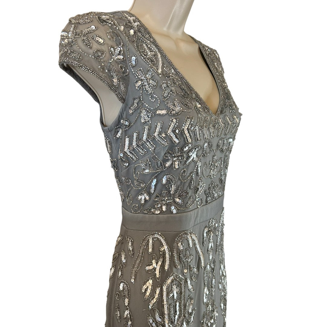 Adrianna Papell Gray Beaded Evening Gown V-Neck Cap Sleeve Formal Dress