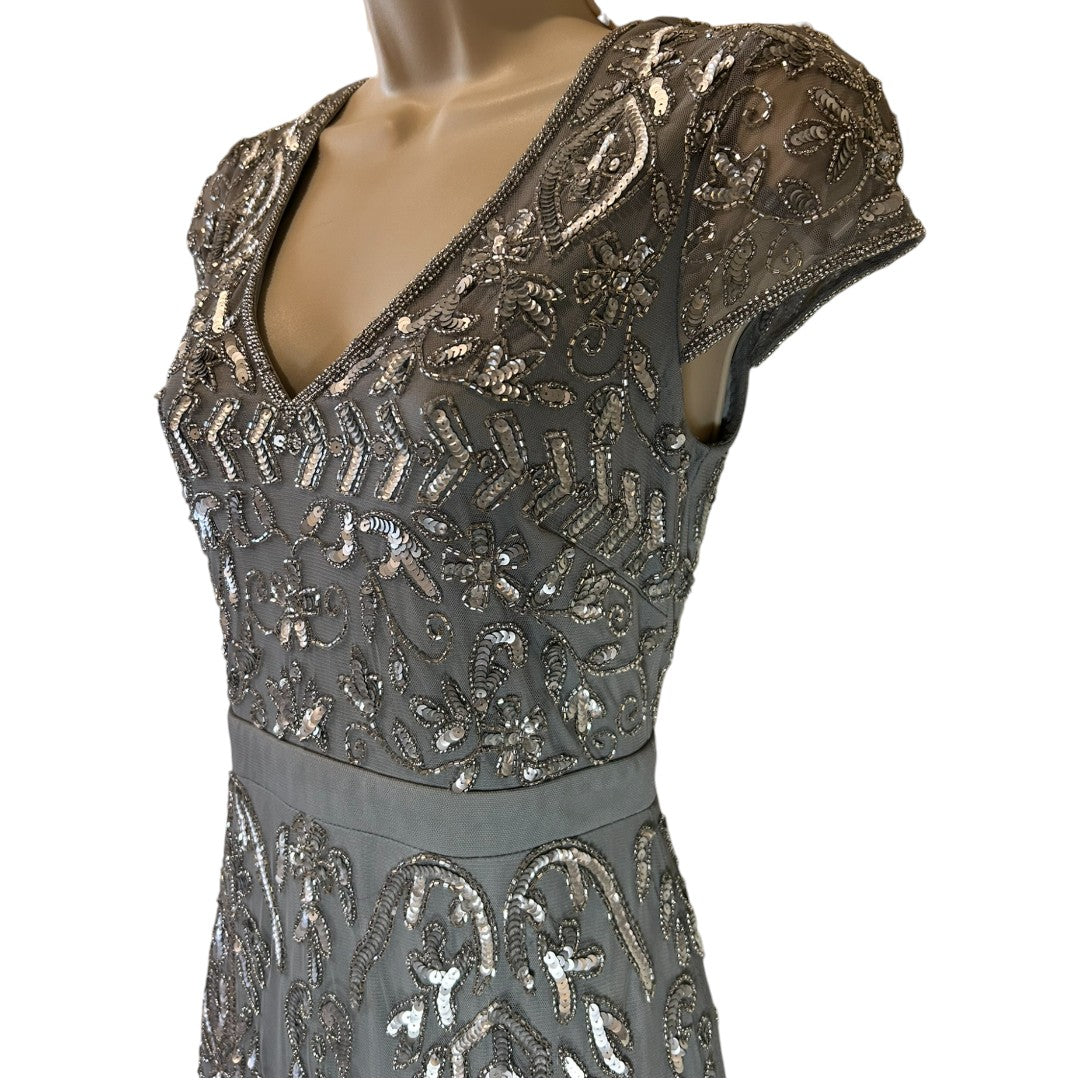 Adrianna Papell Gray Beaded Evening Gown V-Neck Cap Sleeve Formal Dress