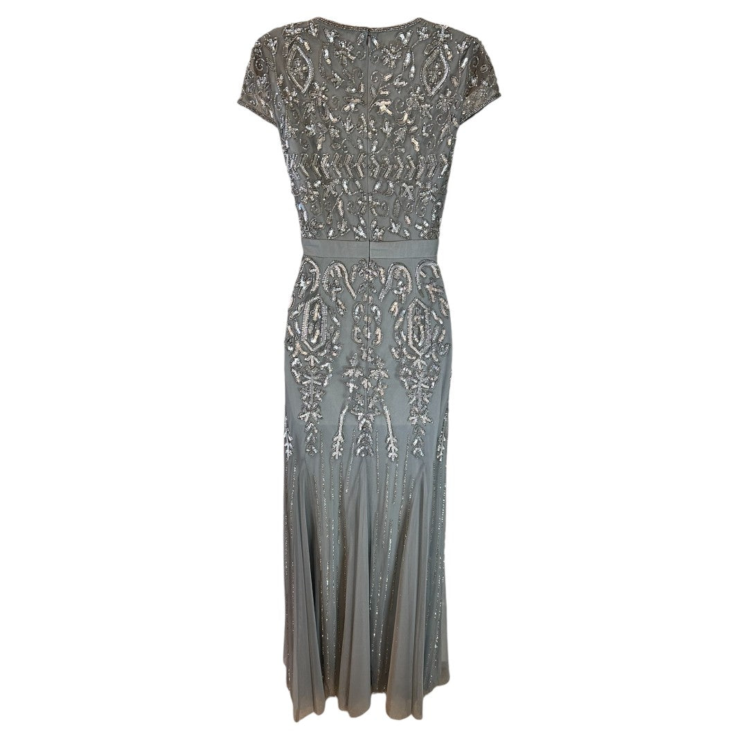 Adrianna Papell Gray Beaded Evening Gown V-Neck Cap Sleeve Formal Dress