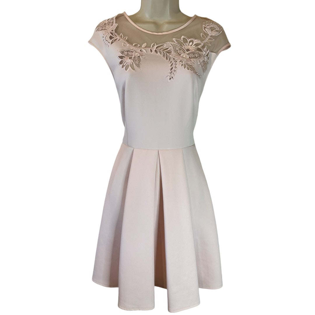 Ted Baker Nude Pink Embroidered Cut Out Floral Dress Pleated Skater Dress