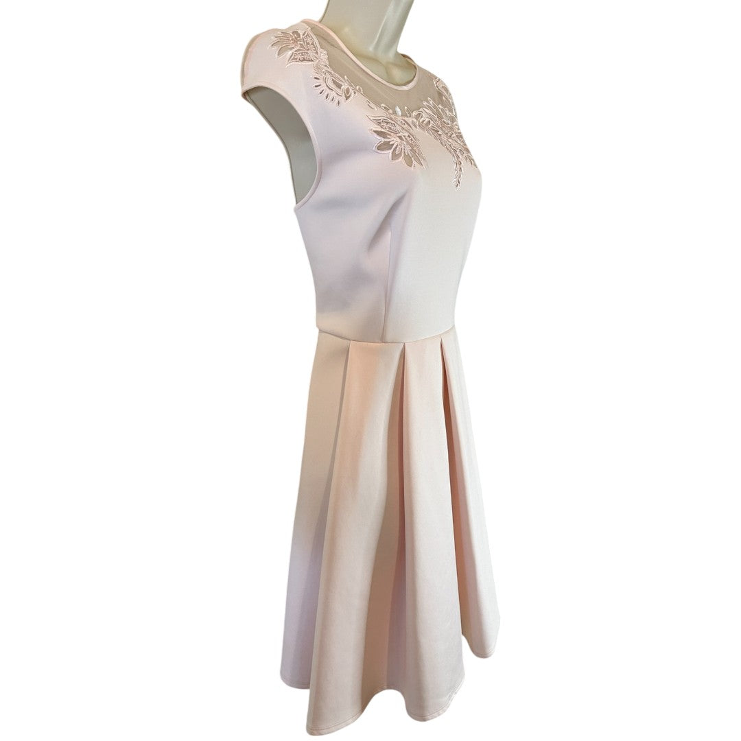 Ted Baker Nude Pink Embroidered Cut Out Floral Dress Pleated Skater Dress