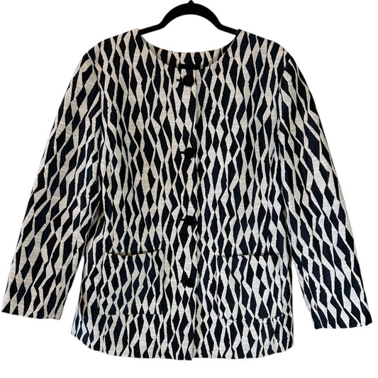 Doncaster Collection Geometric Print Button-Front Jacket Black White Pattern