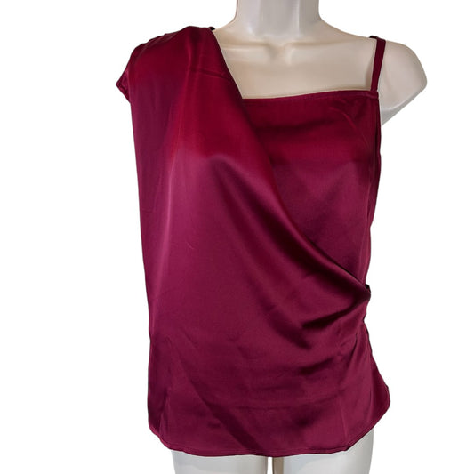 Making The Cut Burgundy Asymmetric Draped Satin Tank Top Evening Party Blouse