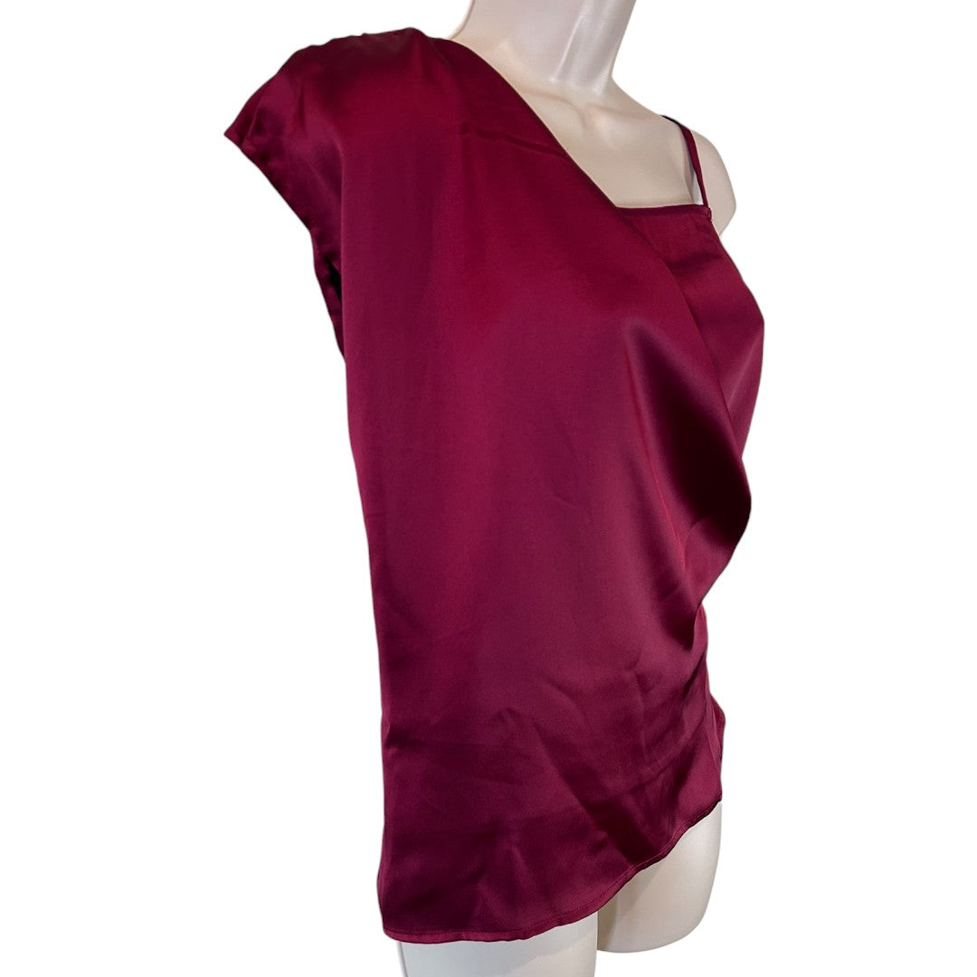 Making The Cut Burgundy Asymmetric Draped Satin Tank Top Evening Party Blouse