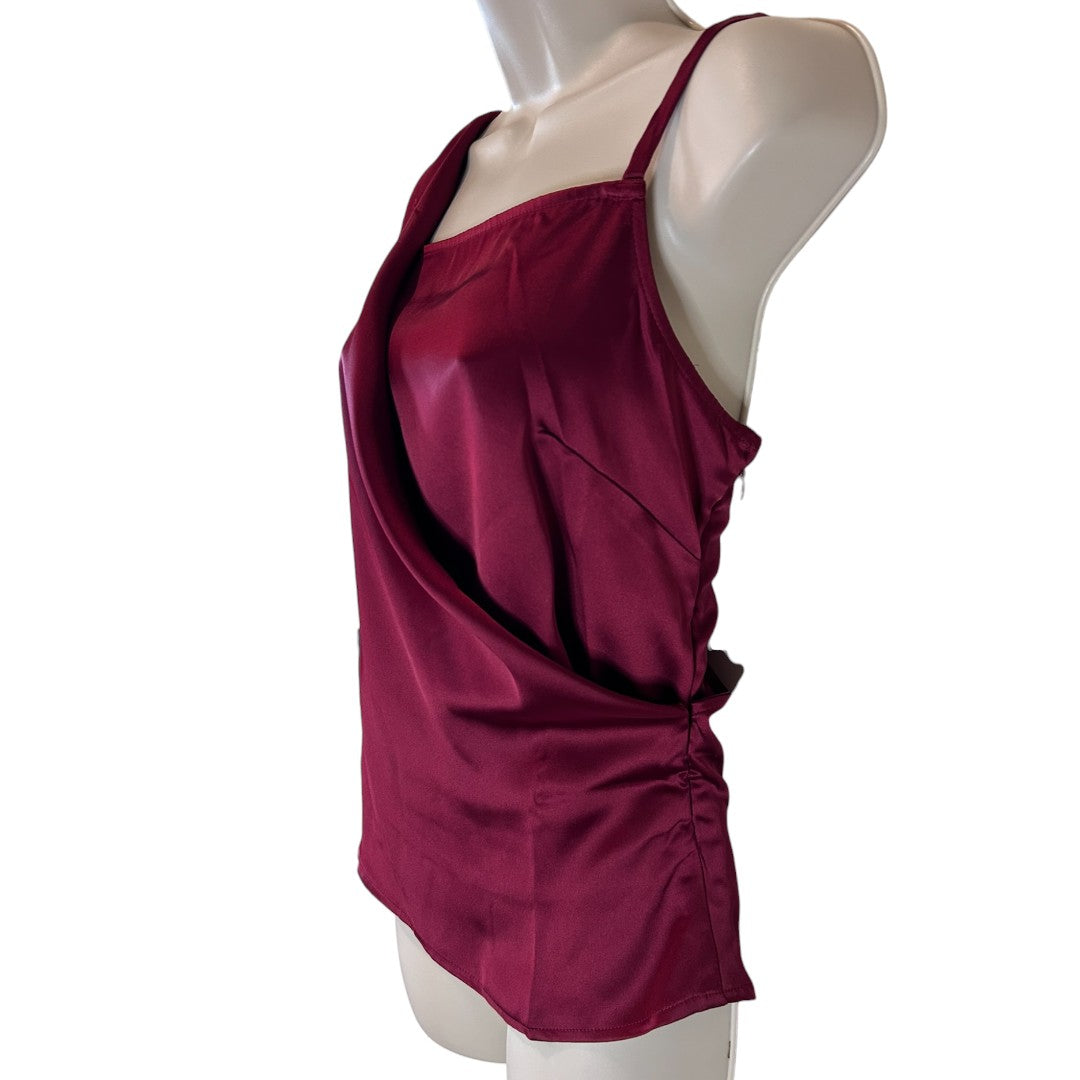 Making The Cut Burgundy Asymmetric Draped Satin Tank Top Evening Party Blouse